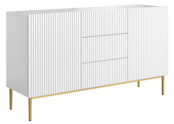 Komoda Nicole 150 cm s šuplíky a rýhovaným předním panelem - bílý mat / zlaté nohy