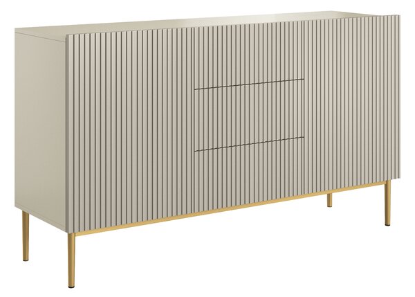 Moderní komoda Nicole 150 cm s šuplíky a ryhovaným čelem - kašmír / zlaté nožky