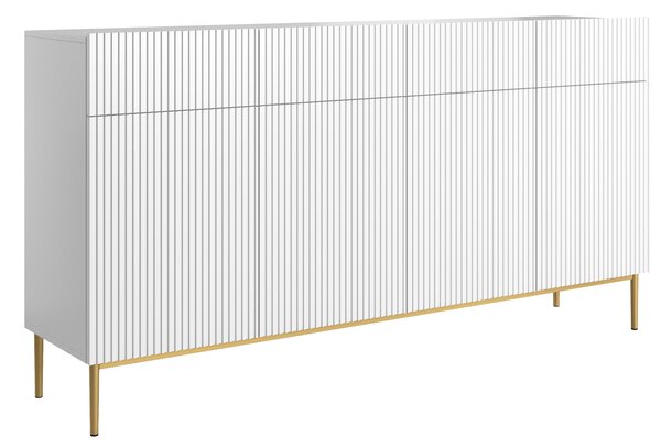Čtyřdveřová komoda Nicole 200 cm se zásuvkami s ryhovaným čelem - bílý mat / zlaté nožky