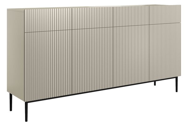 Moderní komoda Nicole 200 cm čtyřdveřová se zásuvkami s ryhovaným čelem - kašmír / černé nohy