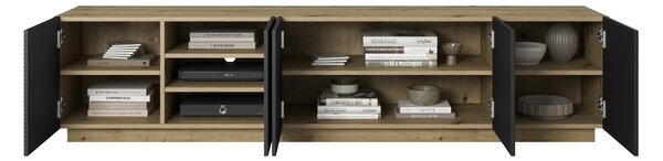 TV stolek Asha 200 cm pětidveřový s drážkovanými čely - artisan / černý mat