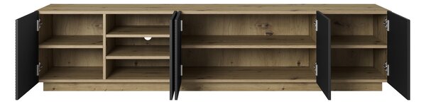 TV stolek Asha 200 cm pětidveřový s drážkovanými čely - artisan / černý mat