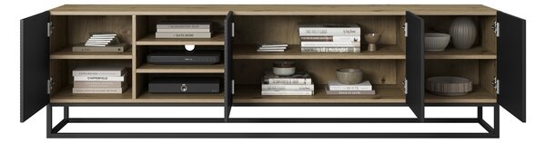 TV stolek Asha 200 cm s rýhovaným čelem a výklenkem na kovovém rámu - dub artisan / černý mat