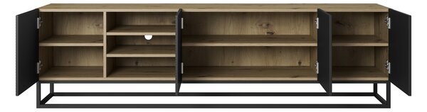 TV stolek Asha 200 cm s rýhovaným čelem a výklenkem na kovovém rámu - dub artisan / černý mat