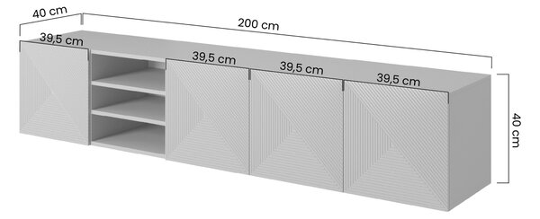 Závěsný TV stolek Asha 200 cm s rýhovanými dvířky a výklenkem - dub artisan / černý mat