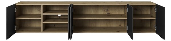 Závěsný TV stolek Asha 200 cm s rýhovanými dvířky a výklenkem - dub artisan / černý mat
