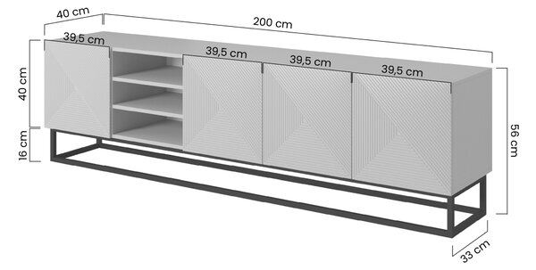 TV stolek Asha 200 cm s rýhovaným čelem a výklenkem na kovovém rámu - dub artisan / černý mat