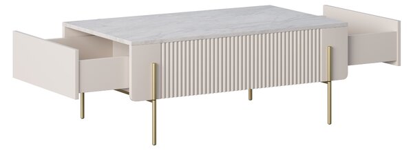 Moderní konferenční stolek Malmi 100 cm se zásuvkami - kašmír / crema bianca / zlaté nohy
