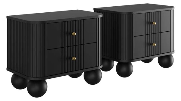 Set nočních stolků Vesper 56 cm - černá / zlaté úchytky / kulaté černé nohy