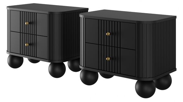 Set nočních stolků Vesper 56 cm - černá / zlaté úchytky / kulaté černé nohy