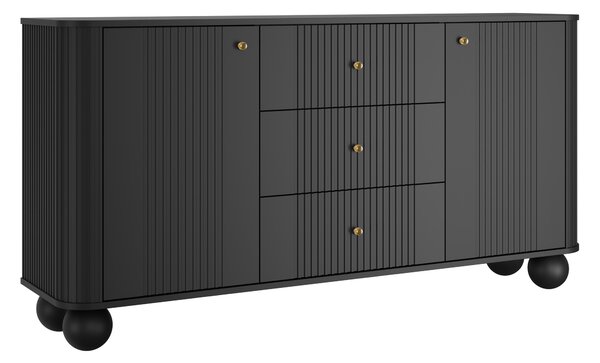 Komoda Vesper 160 cm se zásuvkami na kulových nohách - černá / zlaté úchyty / kulové nohy