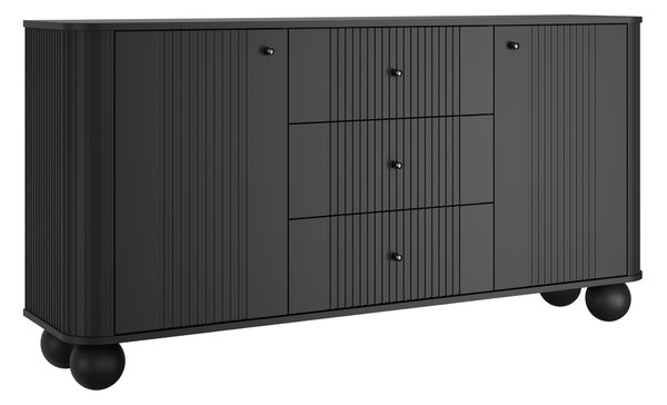 Komoda Vesper 160 cm se zásuvkami na kulových nohách - černá / černé úchyty