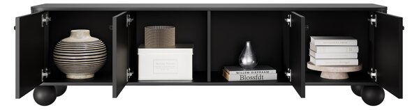 Moderní TV skříňka Vesper 187 cm - černá / černé úchyty / kulaté nohy