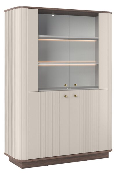 Vitrína Vesper 103 cm čtyřdveřová na soklu - kašmír / ořech / zlaté úchyty