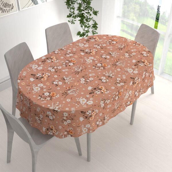 Biante Bavlněný oválný ubrus Sandra SA-738 Růže a konvalinky na hnědorůžovém 50x100 cm