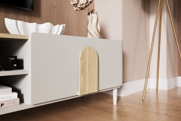 TV stolek Amilio 220 cm na nožkách - kašmírová / dub olejovaný / úchytky dub světlý