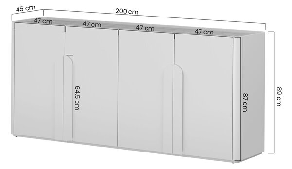 Komoda Amilio 200 cm čtyřdveřová - eukalyptus / dub baltic dune / úchyty dub přírodní