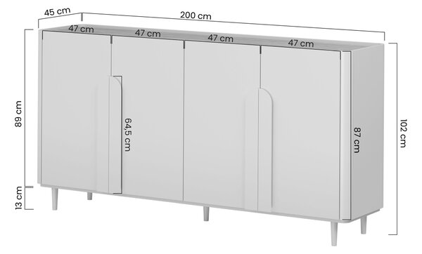 Komoda Amilio 200 cm čtyřdveřová na nožkách - kašmír / olejovaný dub / úchyty kašmír