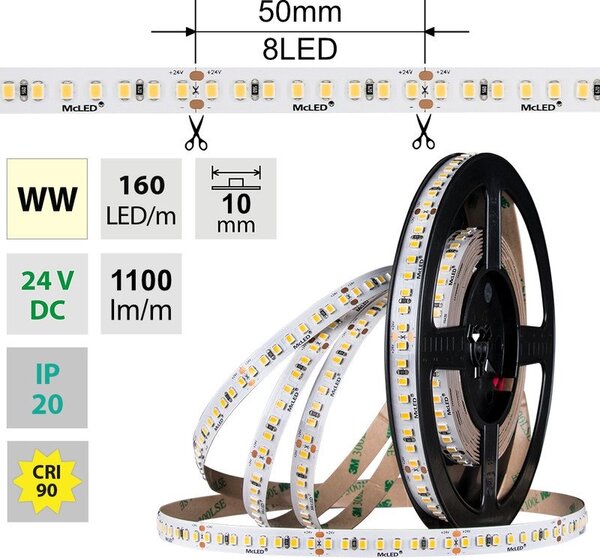 ML-126.019.90.0 AKCE - LED pásek SMD2835 WW 160LED/m 9W/m DC 24V 1100lm/m 3000K CRI90 IP20 10mm 5m - McLED