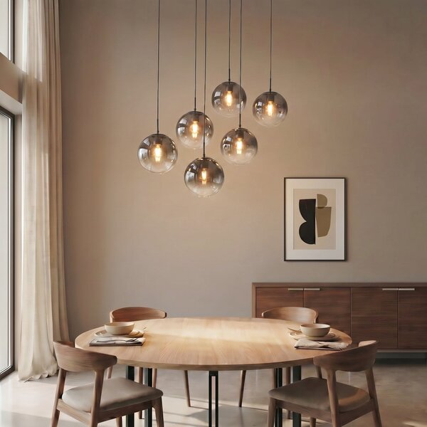 Závěsná svítidlo Lucande, Veloura, stmívatelné, Šedá, Obývací pokoj, Sklo, Design