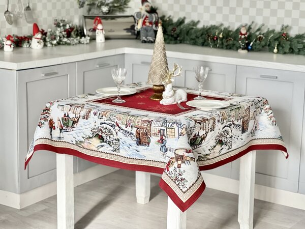 Dům Vánoc Gobelínový vánoční ubrus s motivem Předvánoční čas Velikost: kulatý 137 cm