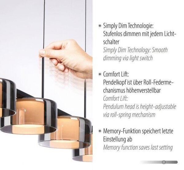 Paul Neuhaus Závěsné LED svítidlo RIKA, 42W, d. 119 cm, 3000K stmívatelné
