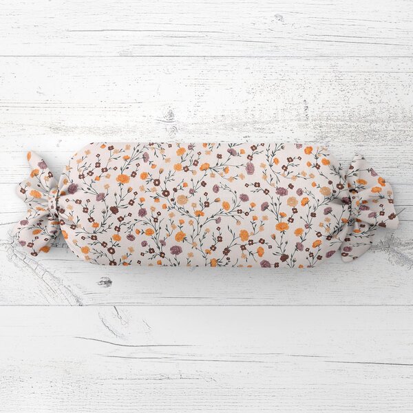 Biante Polštář válec bonbon Sandra SA-720 Oranžovo-hnědo-béžové drobné květiny na smetanovém 15x40 cm