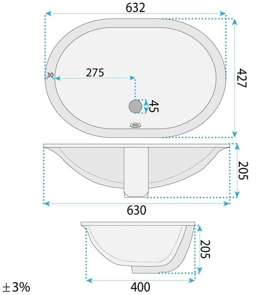 Rea Vena, oválné umyvadlo pod desku, 63,5 × 42,7 cm, bílá lesklá, REA-U3589