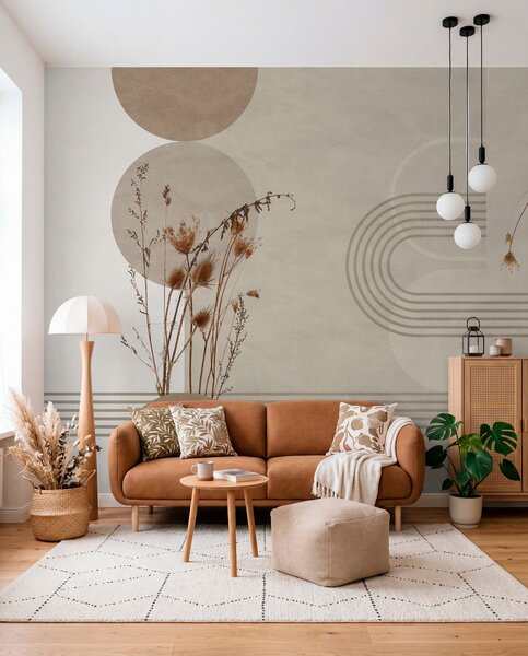 Fototapety stylová geometrie a sušené květiny v béžových tónech, Fototapety boho, w03449 : uwalls.cz
