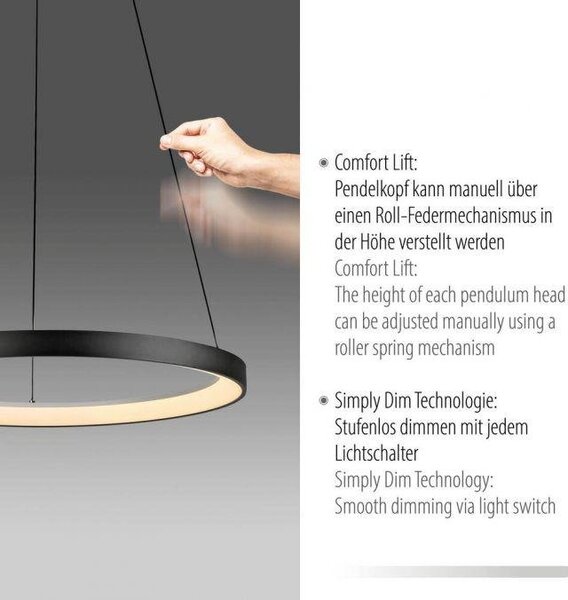 Paul Neuhaus Závěsné LED svítidlo HOOP, 42W, ø 57 cm, 3000K stmívatelné SimplyDim a nastavitelnou výškou Barva: Hliník