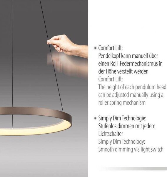 Paul Neuhaus Závěsné LED svítidlo HOOP, 42W, ø 57 cm, 3000K stmívatelné SimplyDim a nastavitelnou výškou Barva: Hliník