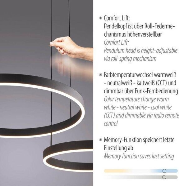 Paul Neuhaus Závěsné LED svítidlo ESKO, 46W, d. 90 cm, CCT 2700-5000K, dálkový ovladač