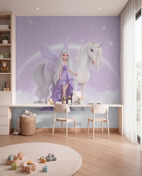 Fototapety Víla s jednorožcem mezi mraky, Fototapety dětské, Fototapety pro dívku, w03527 : uwalls.cz