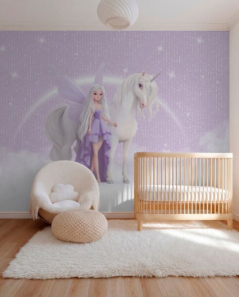 Fototapety Víla s jednorožcem mezi mraky, Fototapety dětské, Fototapety pro dívku, w03527 : uwalls.cz