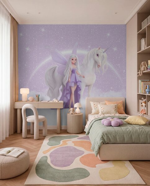 Fototapety Víla s jednorožcem mezi mraky, Fototapety dětské, Fototapety pro dívku, w03527 : uwalls.cz