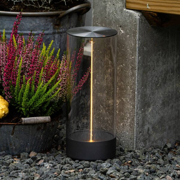 Konstsmide LED stolní lampa Edison na baterie, výška 32 cm, šedá/čirá, IP54, stmívatelný, Čirá / transparetní, Obývací pokoj / jídelna, Plast, Moderní