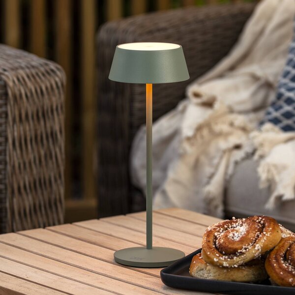 Konstsmide LED stolní lampa Menton na baterie, zelená, výška 27 cm, IP54, USB, stmívatelný, Zelená, Obývací pokoj / jídelna, Hliník, Moderní