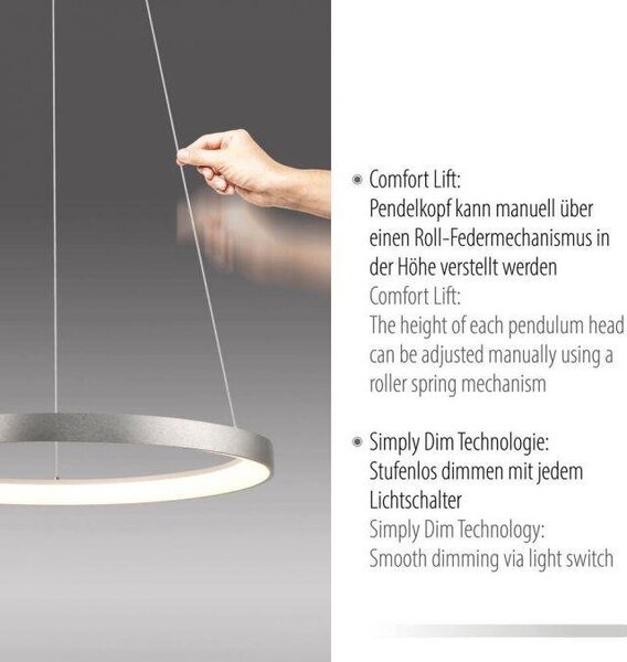 Paul Neuhaus Závěsné LED svítidlo HOOP, 42W, ø 57 cm, 3000K stmívatelné SimplyDim a nastavitelnou výškou Barva: Hliník