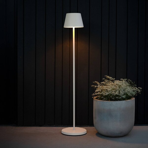 Konstsmide LED stojací lampa na baterie Pomezia, bílá, 124 cm, IP54, USB, stmívatelný, Bílá / opál, Obývací pokoj / jídelna, Hliník, Moderní