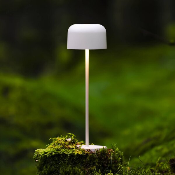 Konstsmide LED stolní lampa Lille na baterie, výška 36 cm, bílá, IP54, USB, stmívatelný, Bílá / opál, Obývací pokoj / jídelna, Hliník, Moderní