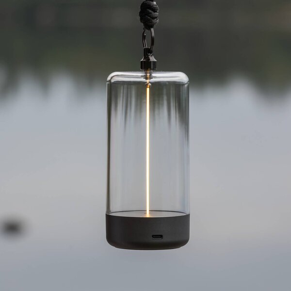 Konstsmide LED stolní lampa Edison na baterie, výška 15 cm, šedá/čirá, IP54, stmívatelný, Čirá / transparetní, Obývací pokoj / jídelna, Plast, Moderní
