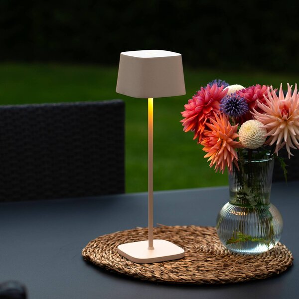 Konstsmide LED stolní lampa na baterie Capri, výška 36 cm, písková barva, IP54, stmívatelný, Krémová / jantar, Obývací pokoj / jídelna, Hliník, Moderní