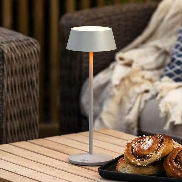 Konstsmide LED stolní lampa Menton na dobíjecí baterii, šedá, výška 27 cm, IP54, USB, stmívatelný, Hliník / šedá / zinek, Obývací pokoj / jídelna, Hliník, Moderní