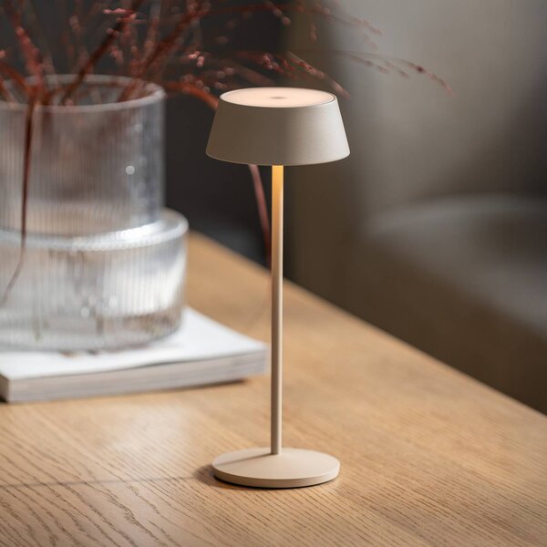 Konstsmide LED stolní lampa Menton na dobíjecí baterii, písková barva, výška 27 cm, IP54,, stmívatelný, Krémová / jantar, Obývací pokoj / jídelna, Hliník, Moderní