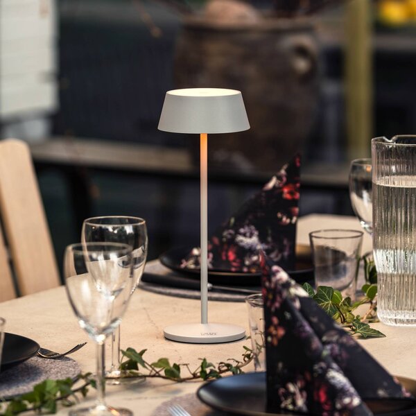 Konstsmide LED stolní lampa Menton na dobíjecí baterii, šedá, výška 27 cm, IP54, USB, stmívatelný, Hliník / šedá / zinek, Obývací pokoj / jídelna, Hliník, Moderní
