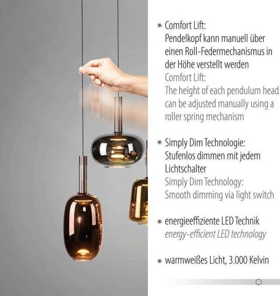 Paul Neuhaus Závěsné LED svítidlo IRIDES, 63W, d. 90 cm, 3000K stmívatelné SimplyDim a nastavitelnou výškou
