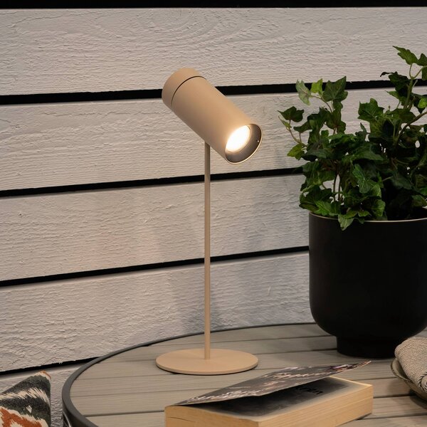 Konstsmide LED stolní lampa Multi na baterie, písková barva, výška 30 cm, IP54, stmívatelný, Krémová / jantar, Obývací pokoj / jídelna, Hliník, Moderní