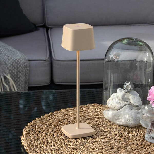 Konstsmide LED stolní lampa na baterie Capri, výška 25 cm, písková barva, IP54, stmívatelný, Krémová / jantar, Obývací pokoj / jídelna, Hliník, Moderní