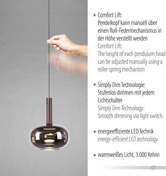 Paul Neuhaus Závěsné LED svítidlo IRIDES, 32W, d. 90 cm, 3000K stmívatelné SimplyDim a nastavitelnou výškou