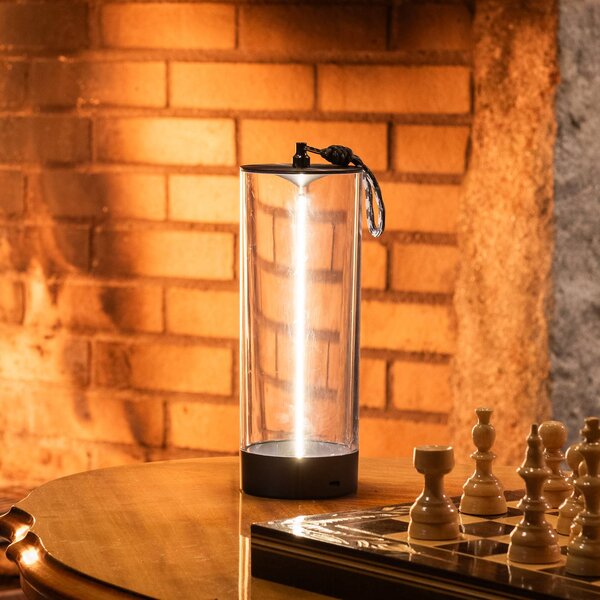 Konstsmide LED stolní lampa Edison na baterie, výška 24 cm, šedá/čirá, IP54, stmívatelný, Čirá / transparetní, Obývací pokoj / jídelna, Plast, Moderní